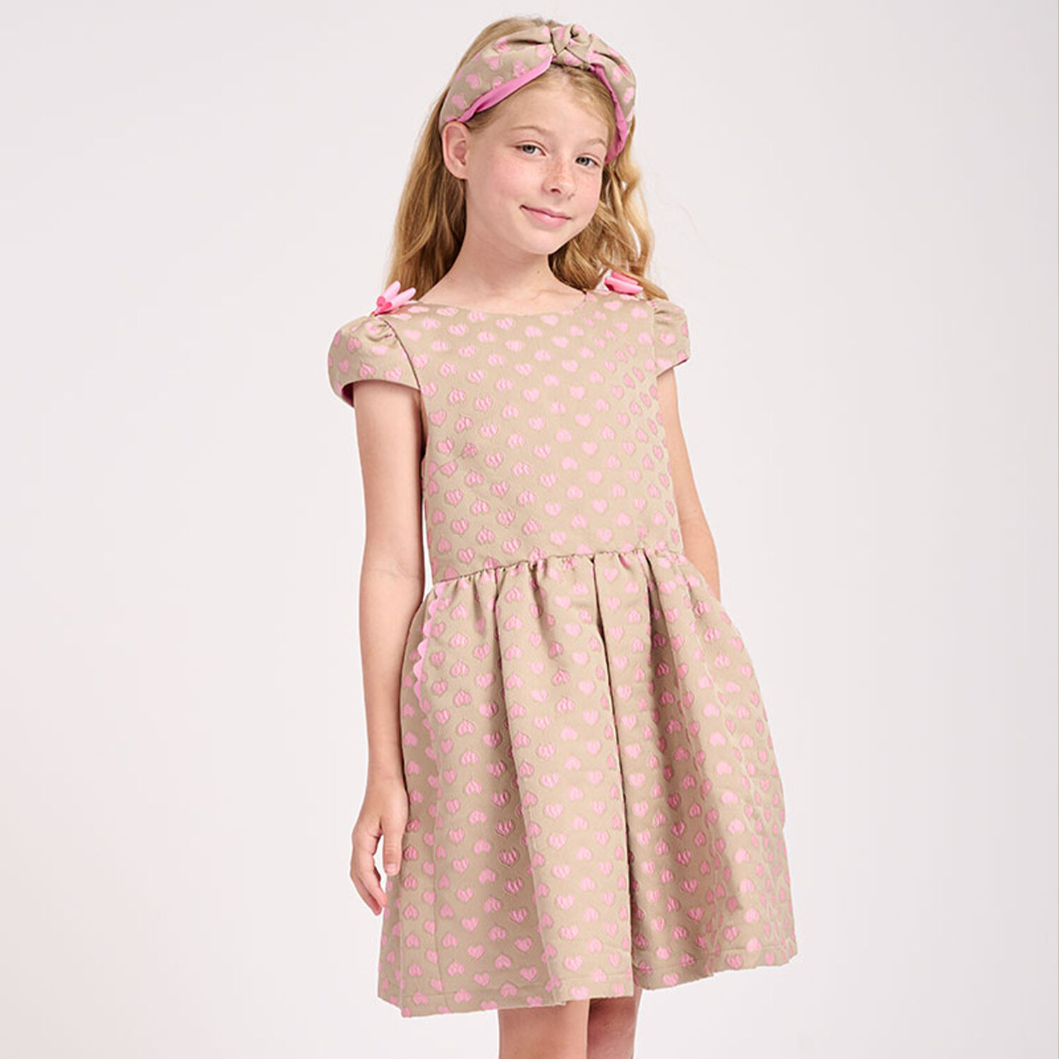 Girls Beige & Pink Jacquard Hearts Dress, 1, hi-res image number null
