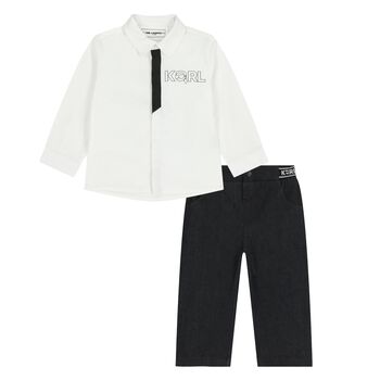 Younger Boys White & Black Denim Trousers Set