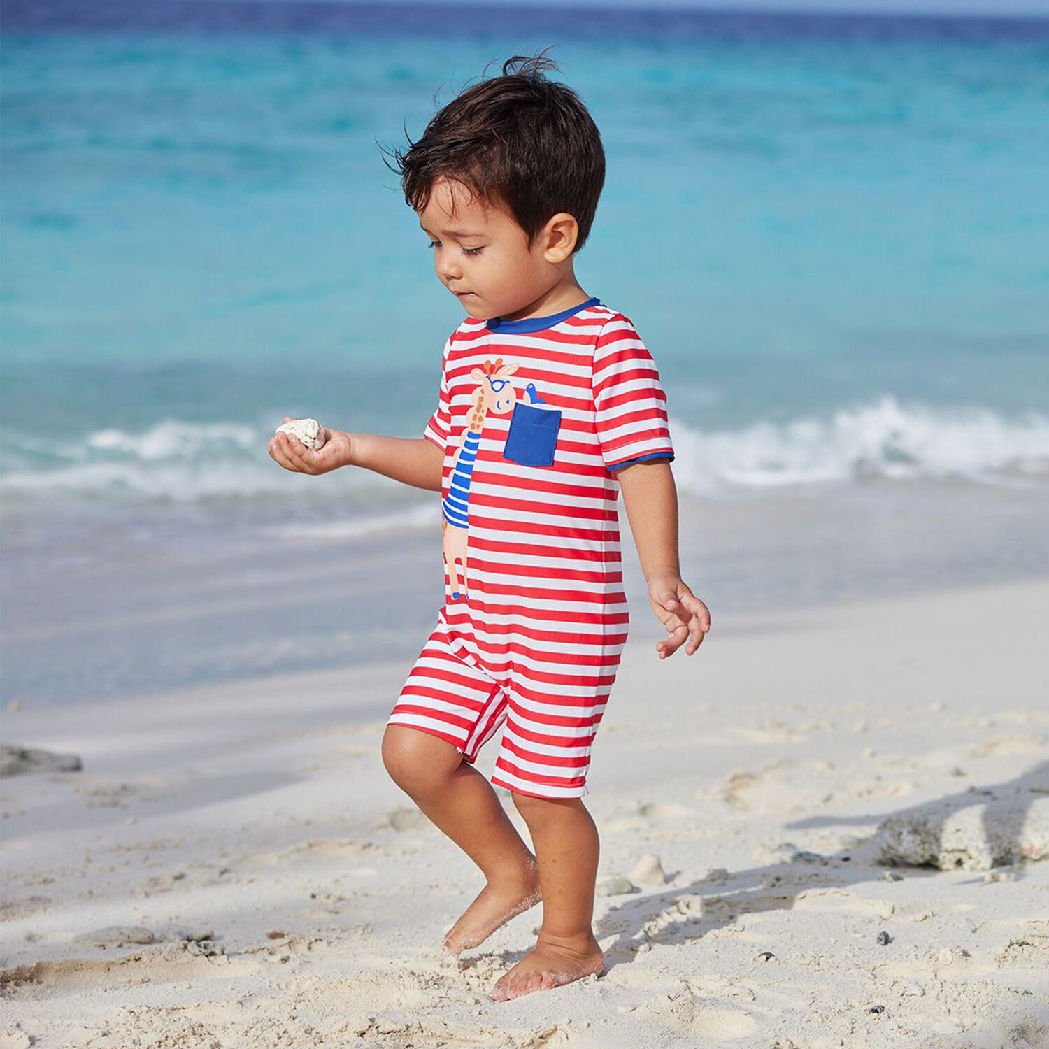 Baby Boys Red & White Giraffe Sun Suit, 1, hi-res