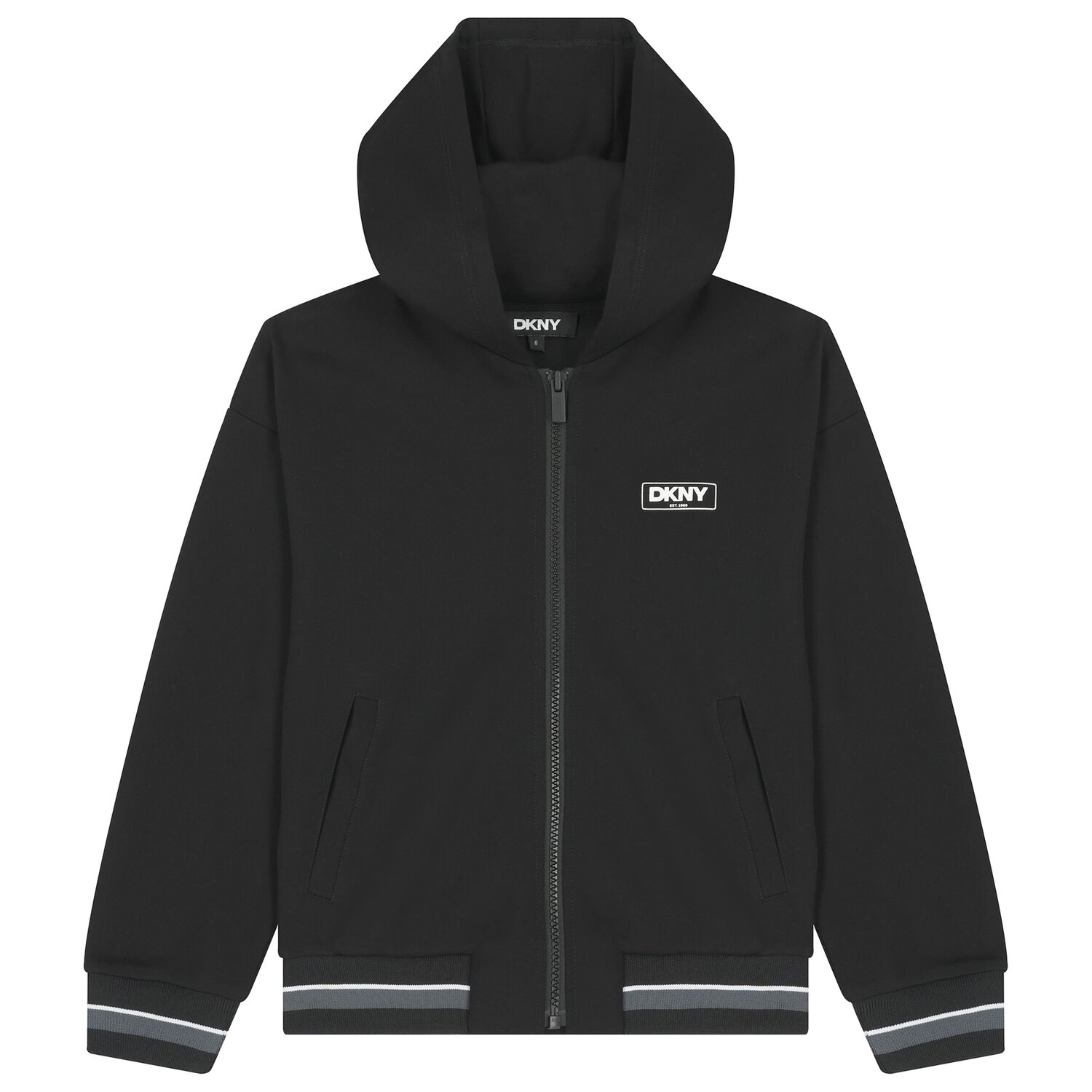 Boys Black Logo Hooded Zip Up Top, 1, hi-res