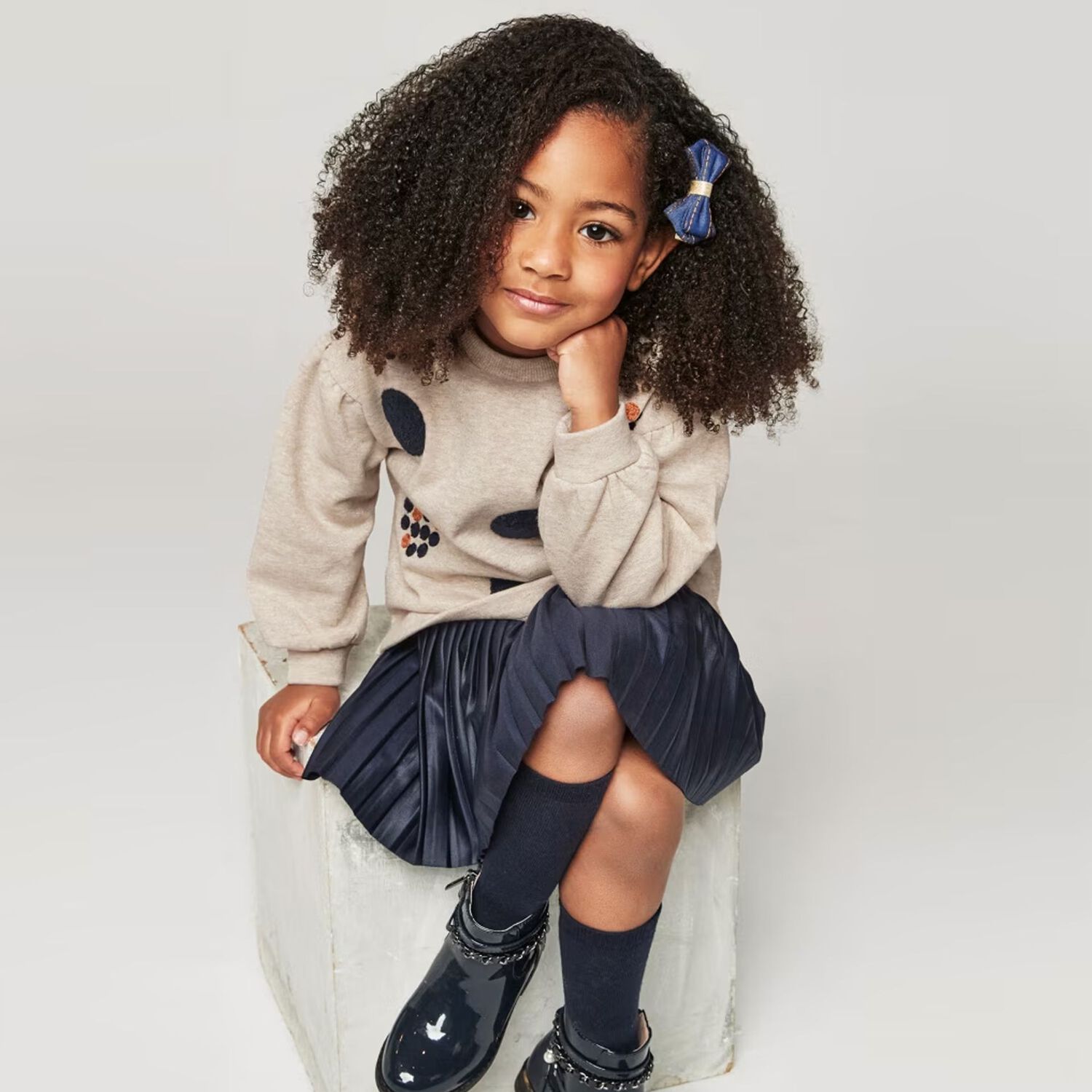 Girls Beige & Navy Blue Dress Set, 1, hi-res image number null