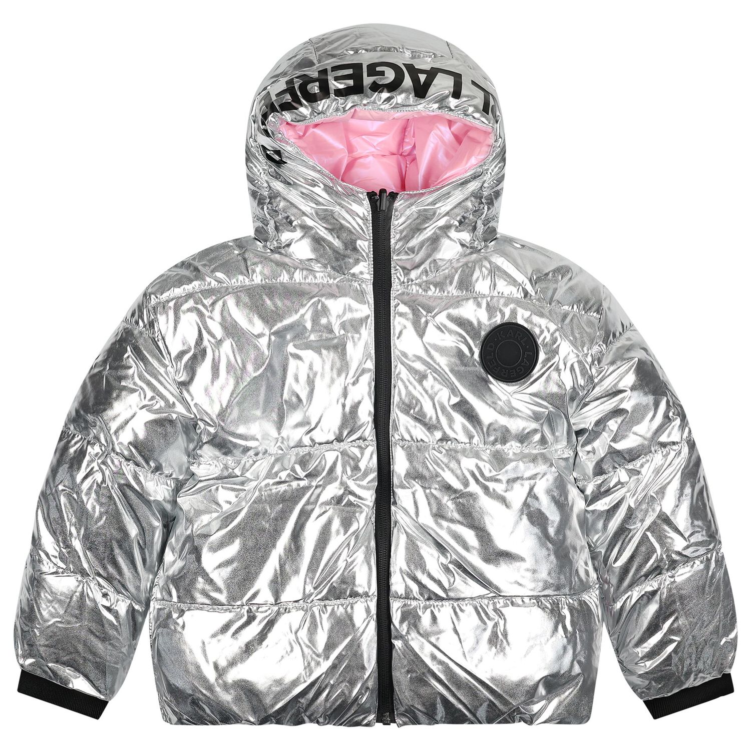 Girls Silver & Pink Reversible Puffer Jacket, 1, hi-res