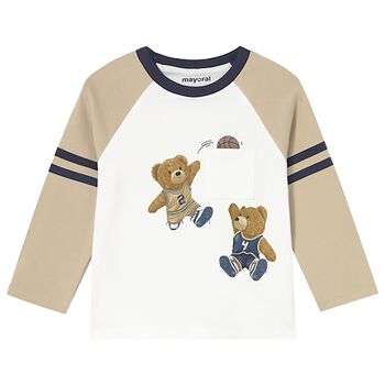 Younger Boys Ivory & Beige Teddy Bear Long Sleeve Top