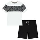 Boys White & Black Logo Shorts Set, 1, hi-res