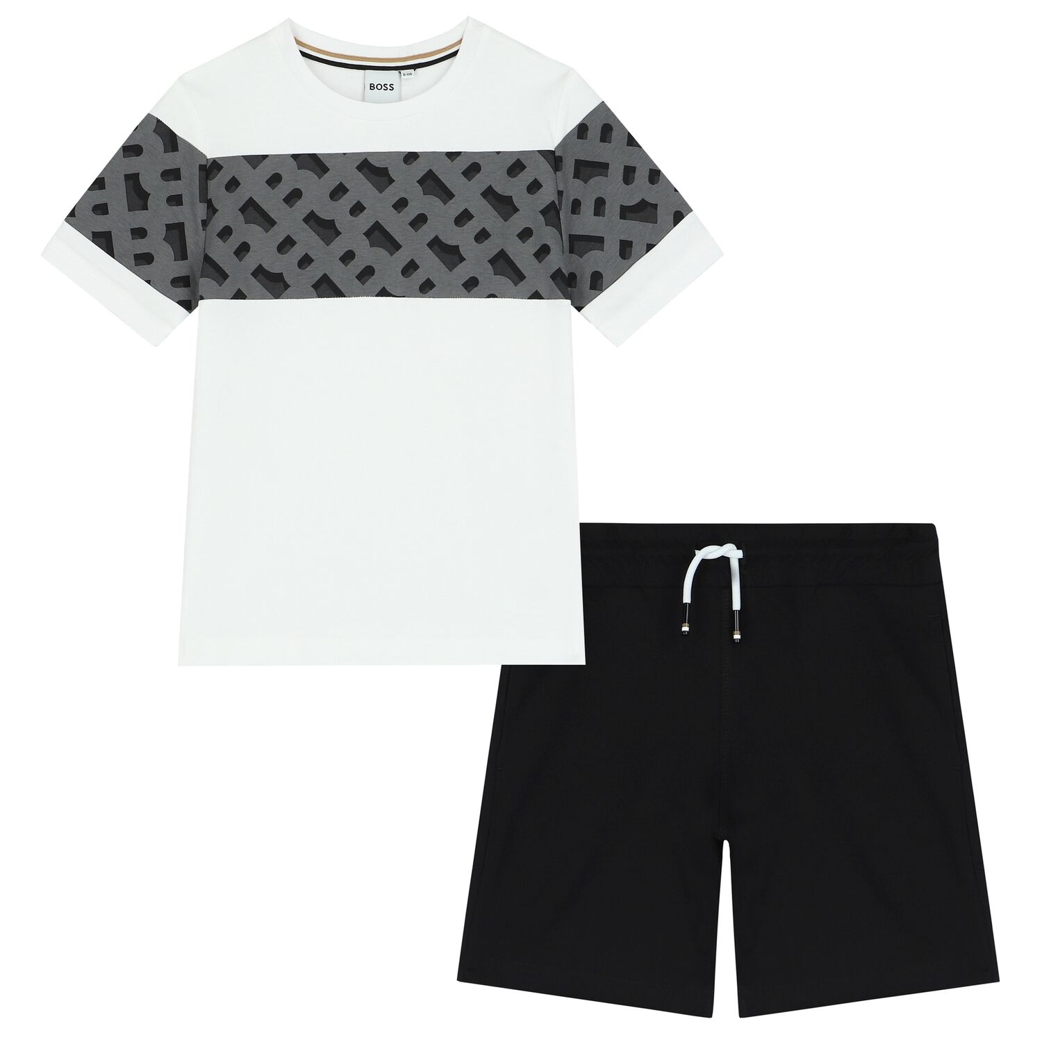 Boys White & Black Logo Shorts Set, 1, hi-res