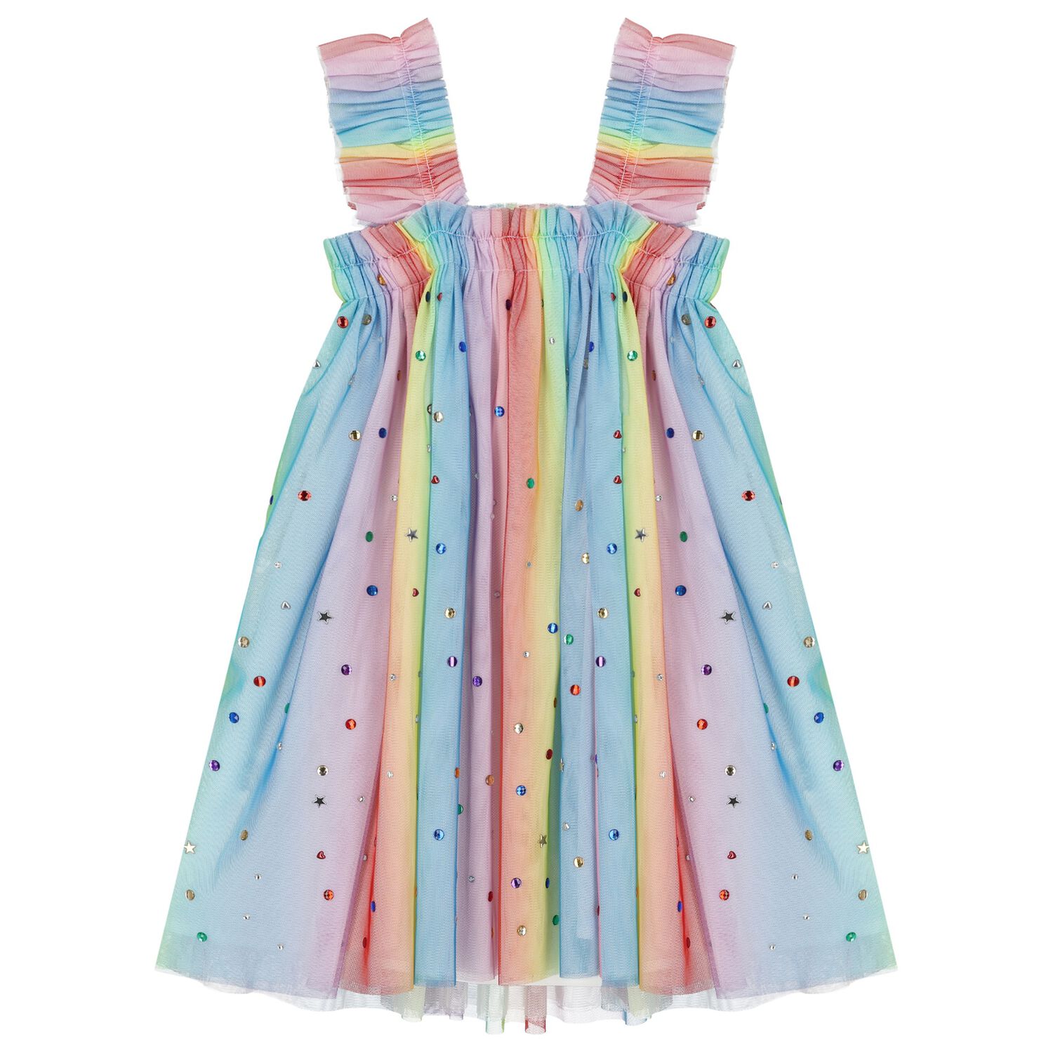 Girls Rainbow Embellished Tulle Dress, 1, hi-res