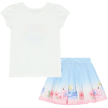 Girls Ivory & Blue Floral Skirt Set