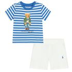 Baby Boys White & Blue Polo Bear Shorts Set, 1, hi-res