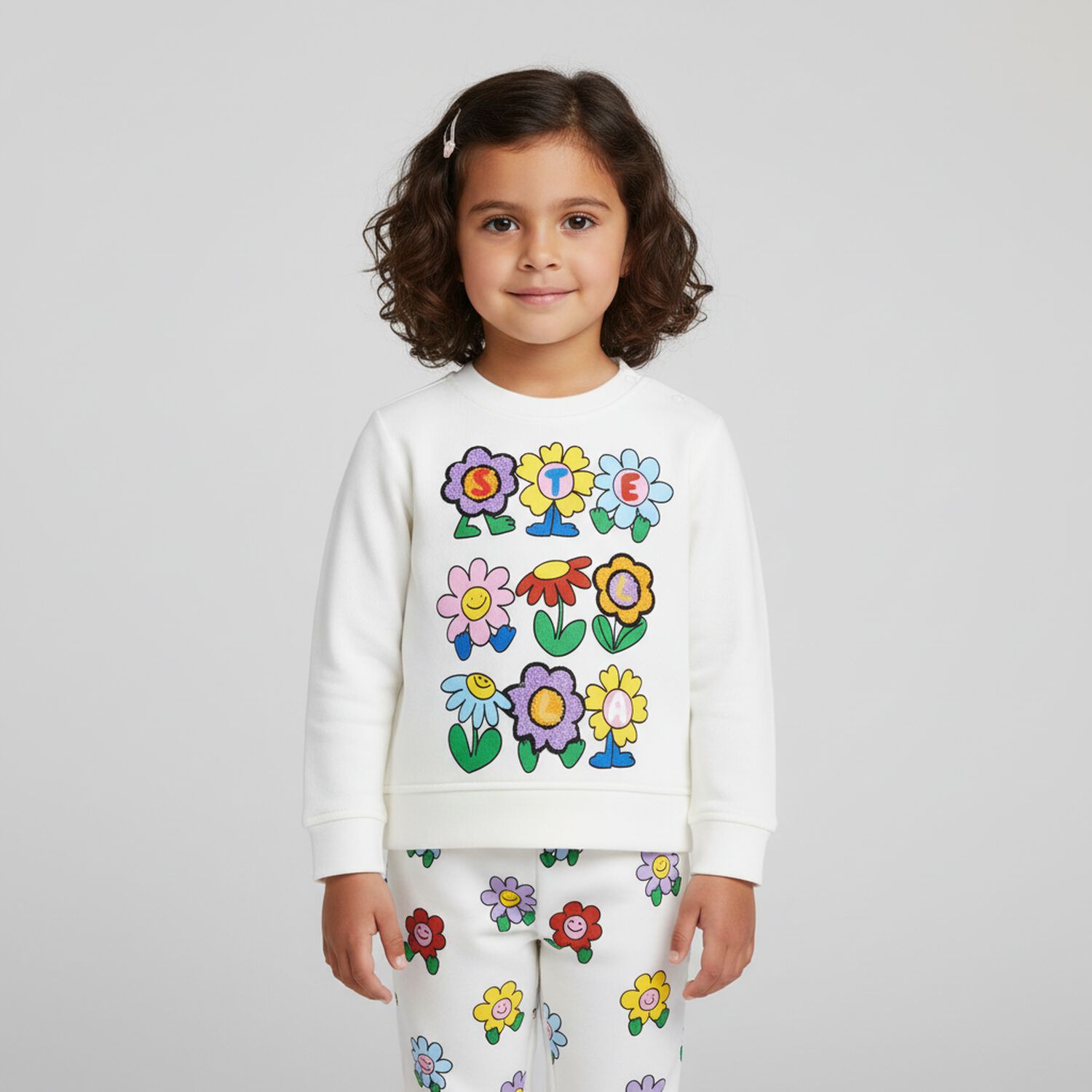 Younger Girls Ivory Flower Sweatshirt, 1, hi-res