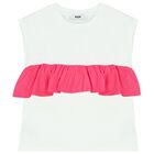 Girls White & Pink Ruffled Logo Top, 1, hi-res
