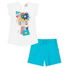 Girls White & Blue Flower Shorts Set, 1, hi-res