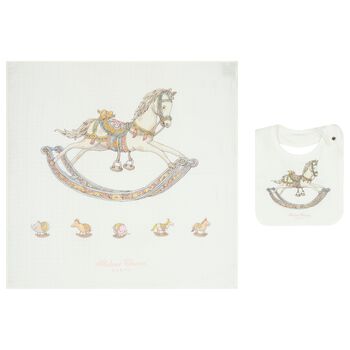 Ivory Rocking Horse Carré Swaddle & Bib Set