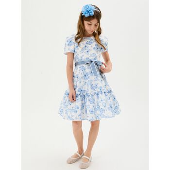 Girls White & Blue Butterfly Dress