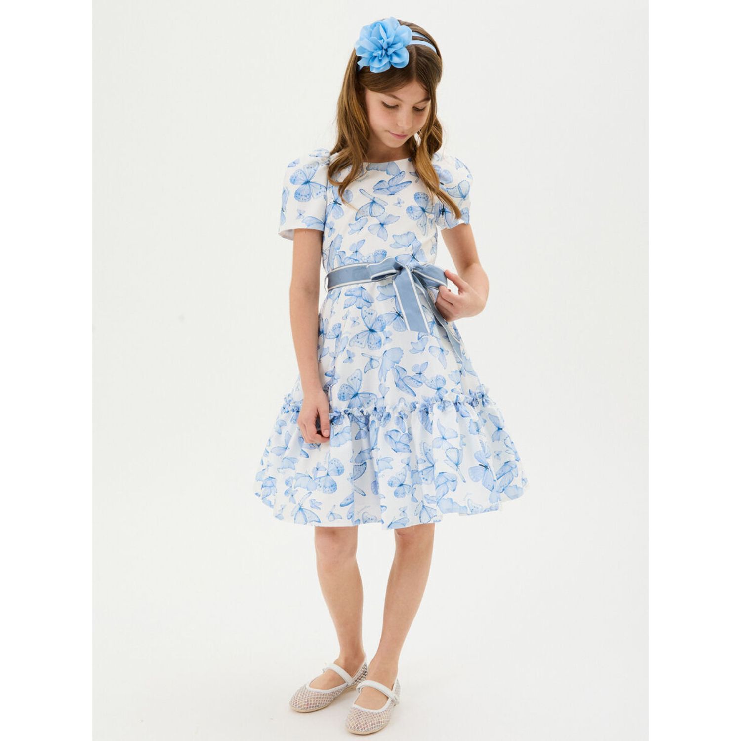 Girls White & Blue Butterfly Dress, 1, hi-res image number null