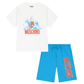 Boys White & Blue Cotton Shorts Set