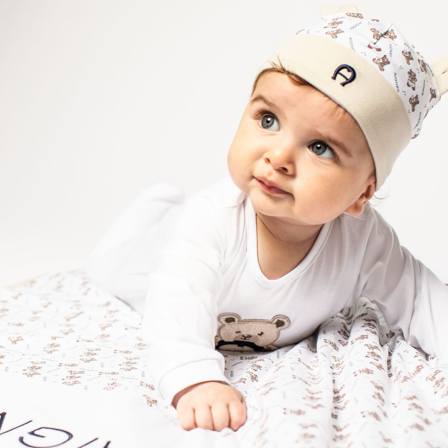 White & Beige Teddy Bear Logo Baby Hat, 1, hi-res image number null
