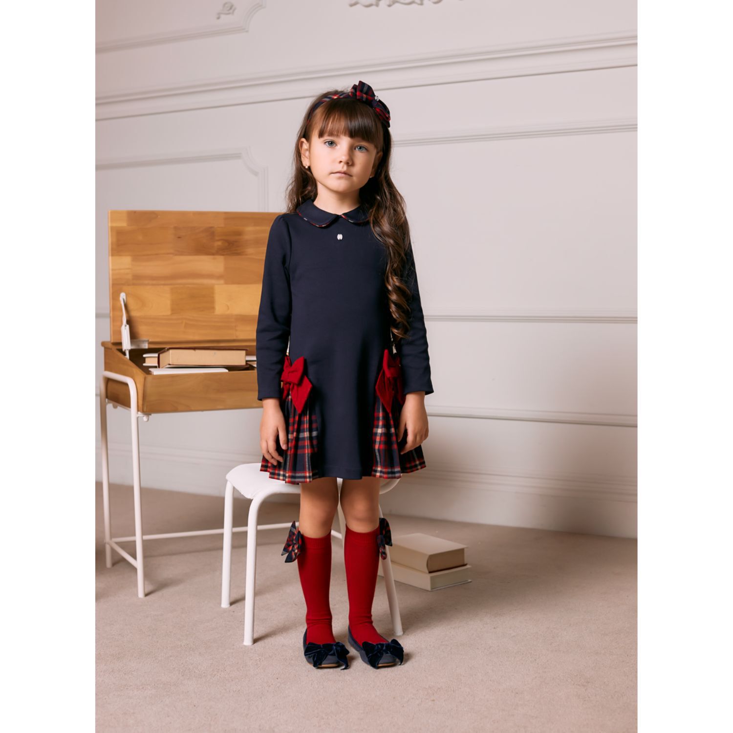 Girls Navy Blue Tartan Dress, 1, hi-res