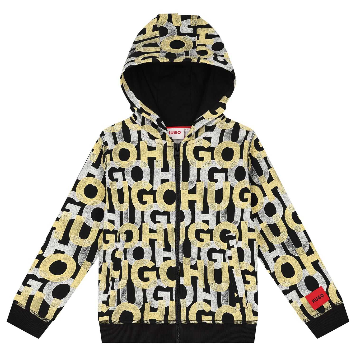 Boys Black Monogram Hooded Zip-Up Top, 1, hi-res