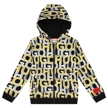 Boys Black Monogram Hooded Zip-Up Top