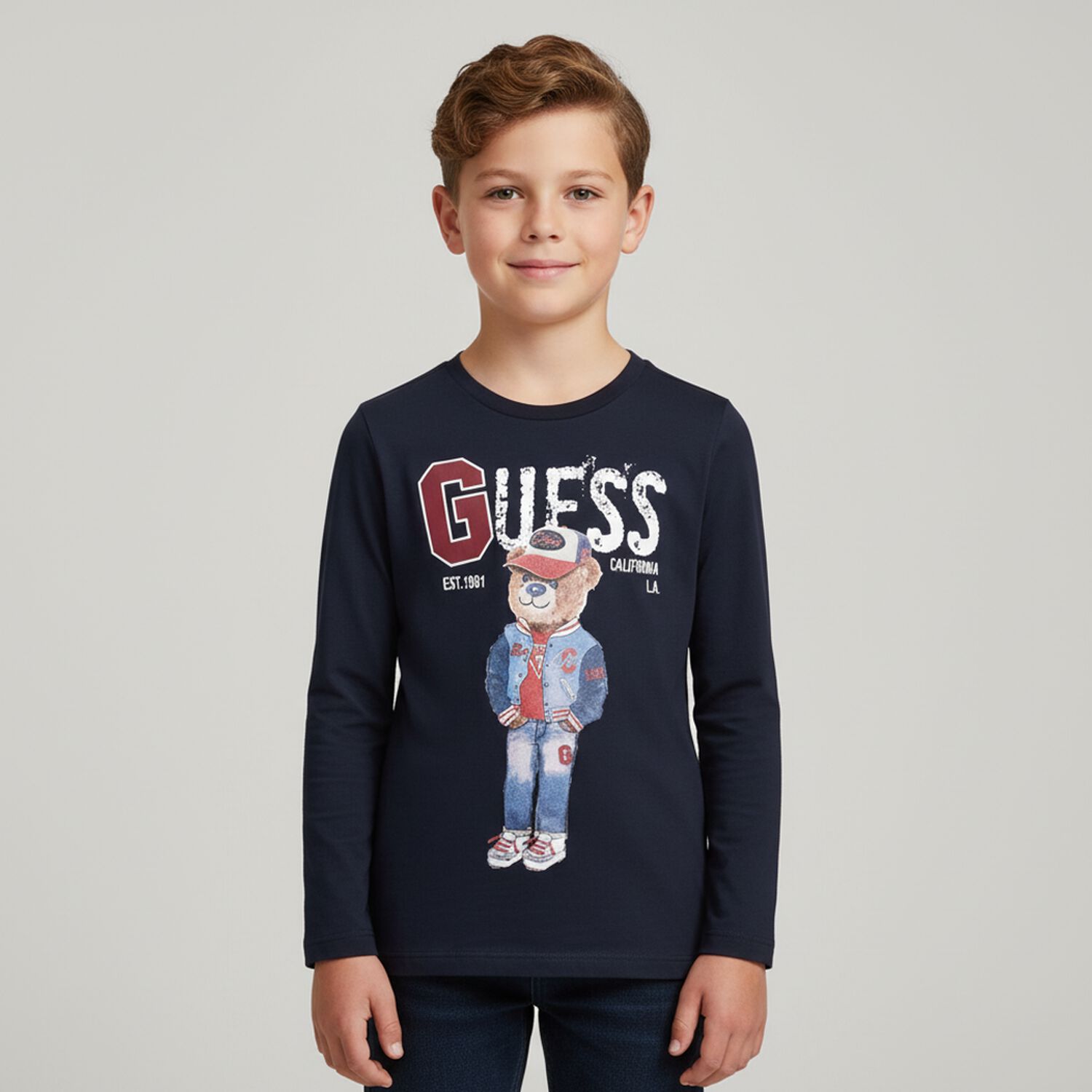 Boys Navy Blue Teddy Bear Long Sleeve Top, 4, hi-res image number null