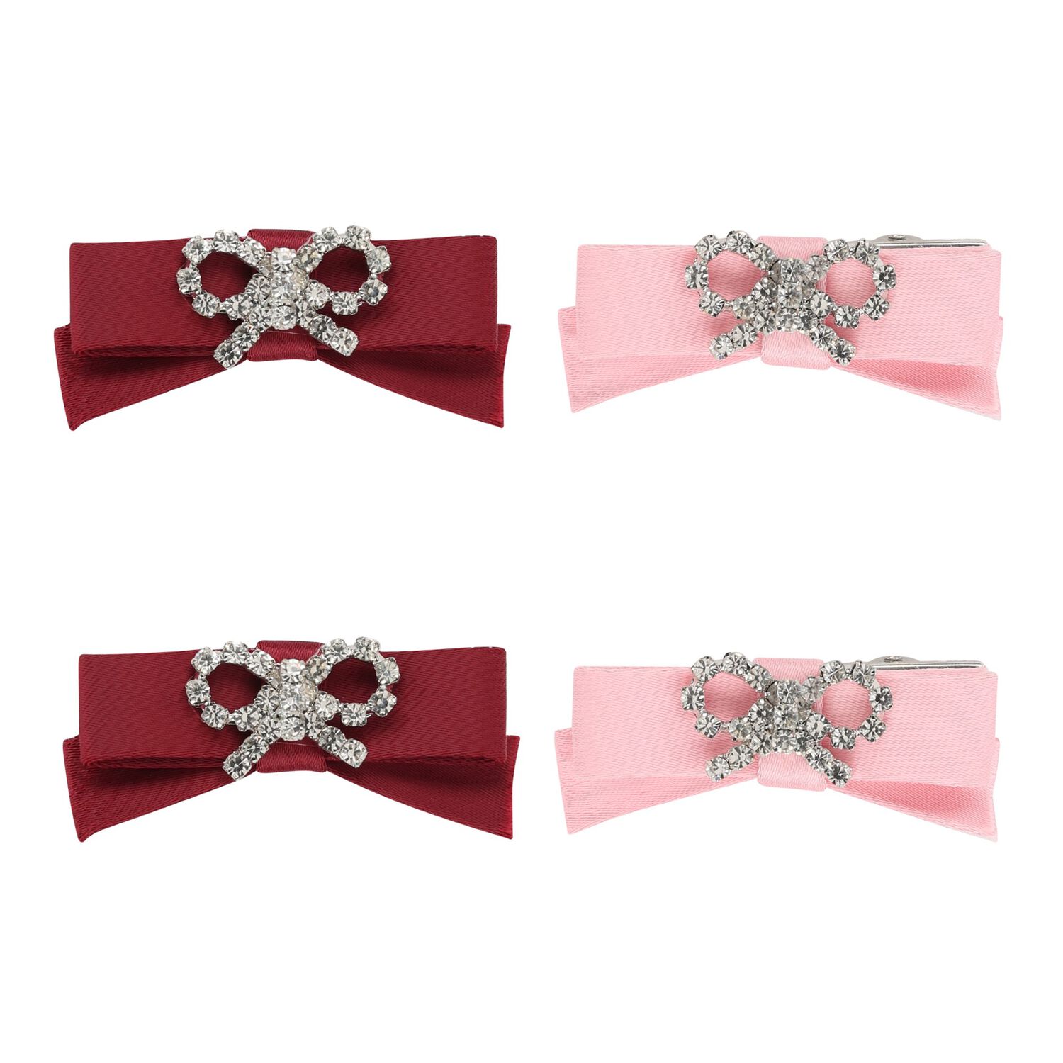 Girls Pink & Burgundy Bow Hairclips (4 pack), 1, hi-res