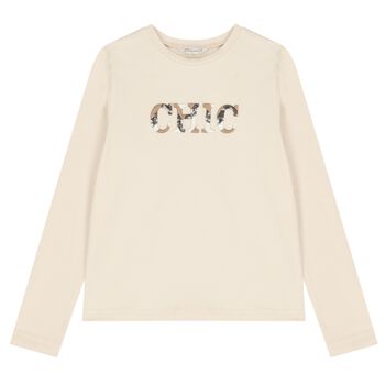 Girls Beige Printed Long Sleeve Top