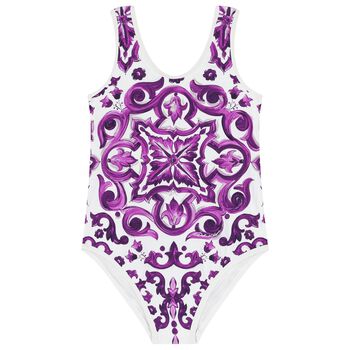 Girls White & Purple Majolica Swimsuit