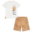 Boys White & Beige Geo Map Shorts Set, 1, hi-res