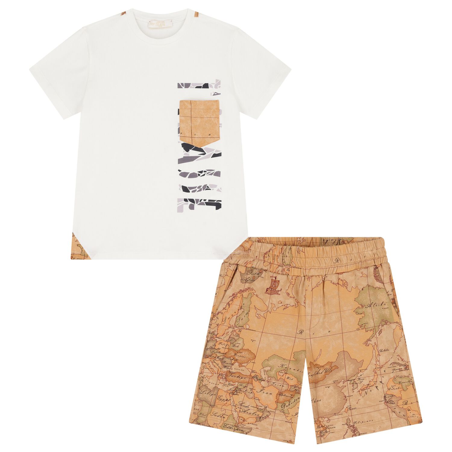Boys White & Beige Geo Map Shorts Set, 1, hi-res