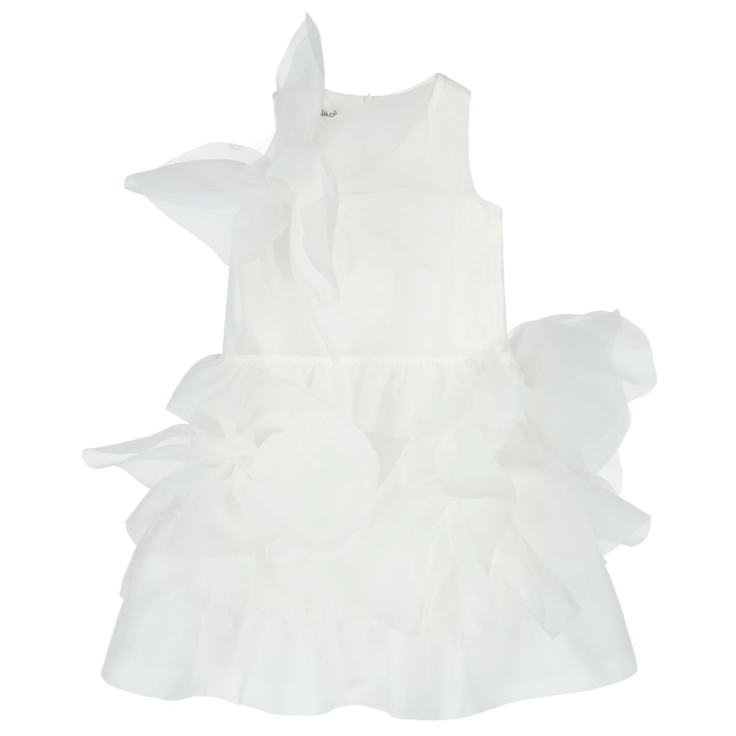 Girls White Organza 3D Floral Tiered Dress, 1, hi-res