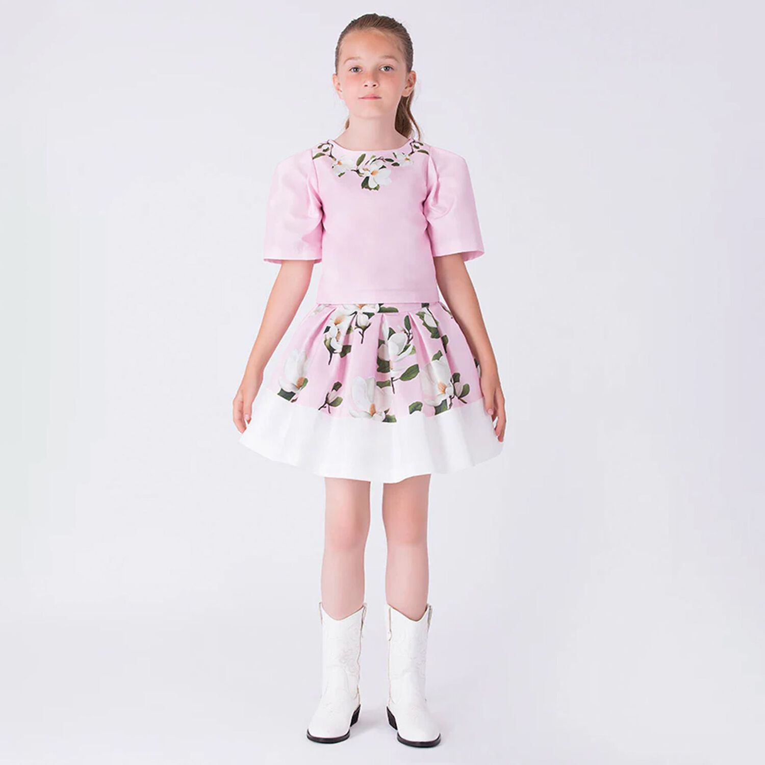 Girls Pink Floral Satin Skirt Set, 1, hi-res
