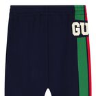 Younger Boys Navy Blue Logo Web Striped Joggers, 1, hi-res