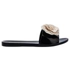 Girls Black & Beige Logo Flower Flip Flops, 1, hi-res