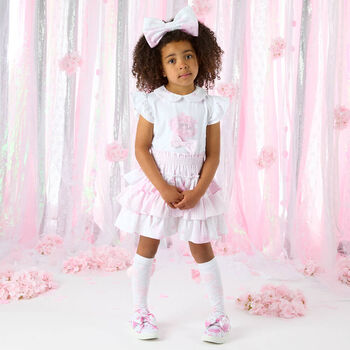 Girls White & Pink Cotton Skirt Set