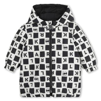 Younger Boys White & Black Ikonik Karl Reversible Puffer Jacket