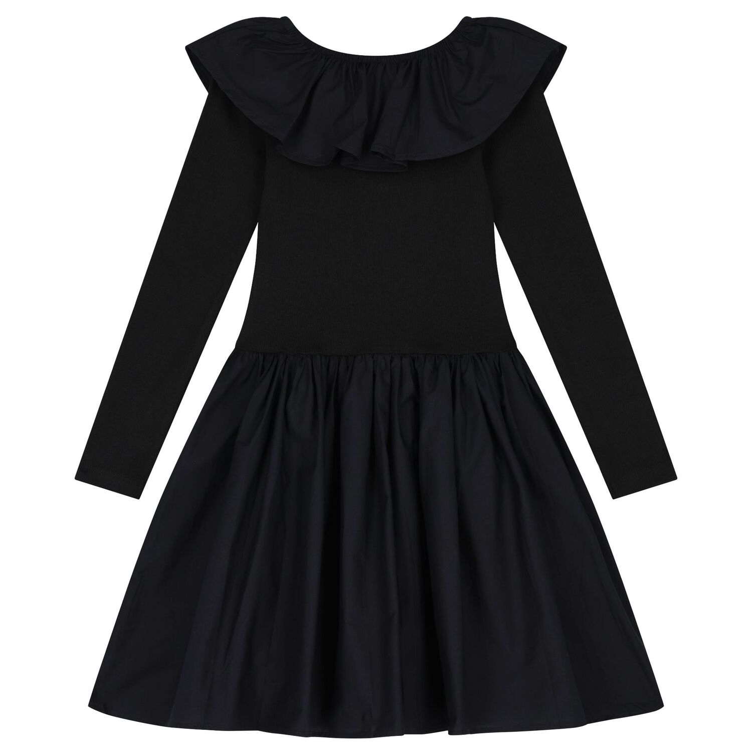 Girls Black Ruffled Long Sleeve Dress, 1, hi-res
