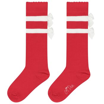 Girls Red & White Satin Bow Knee High Socks