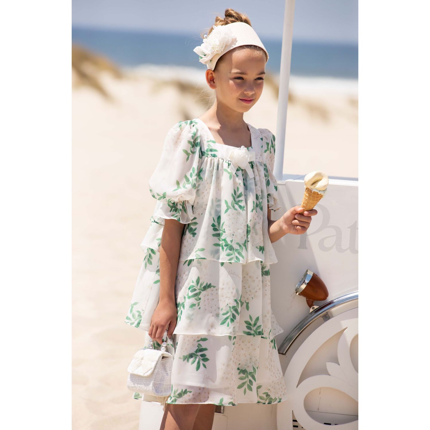 Girls Ivory Floral Chiffon Dress, 1, hi-res