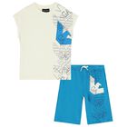 Boys Ivory & Blue Logo Shorts Set, 1, hi-res