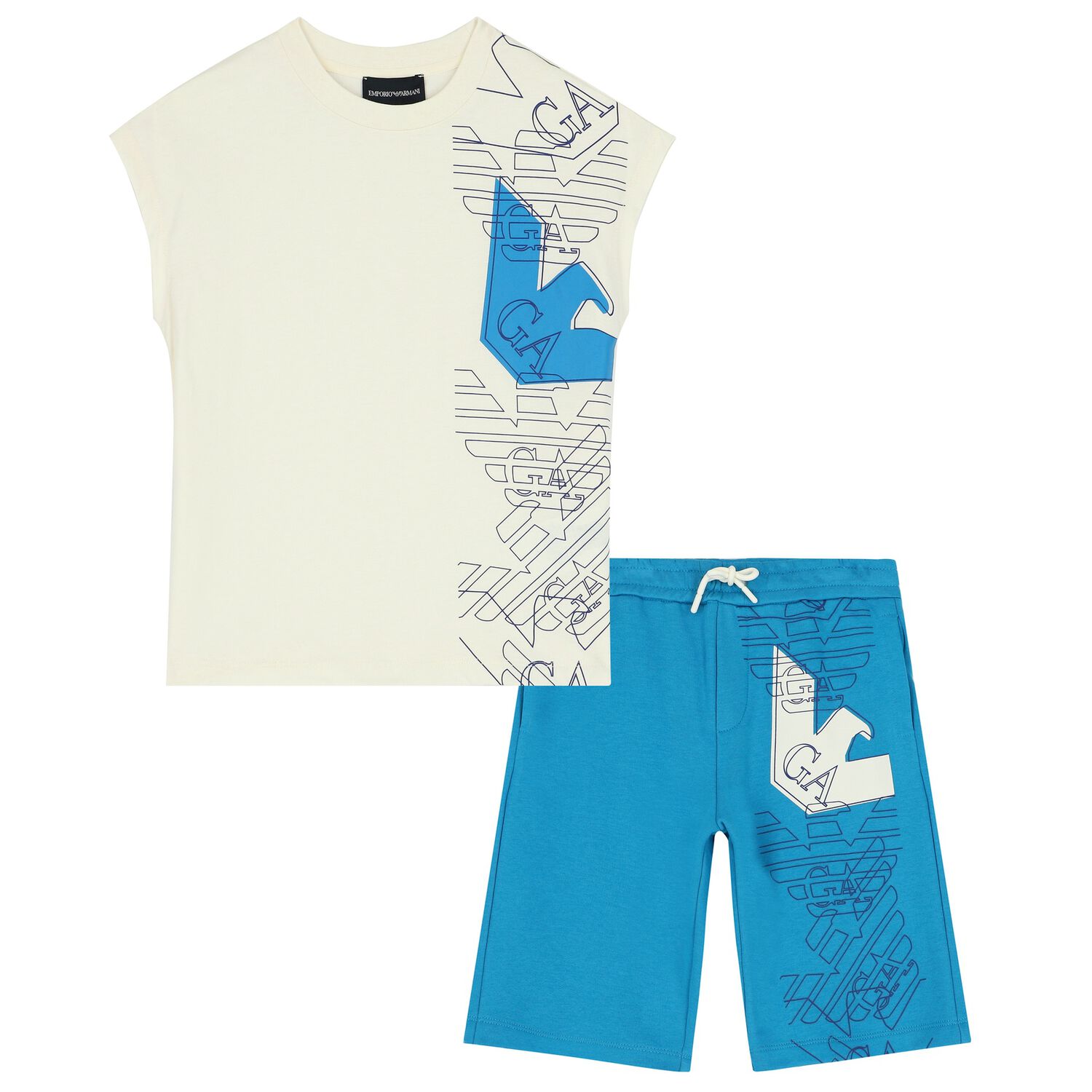 Boys Ivory & Blue Logo Shorts Set, 1, hi-res