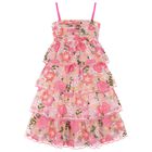 Girls Pink Floral Embroidered Organza Dress, 1, hi-res