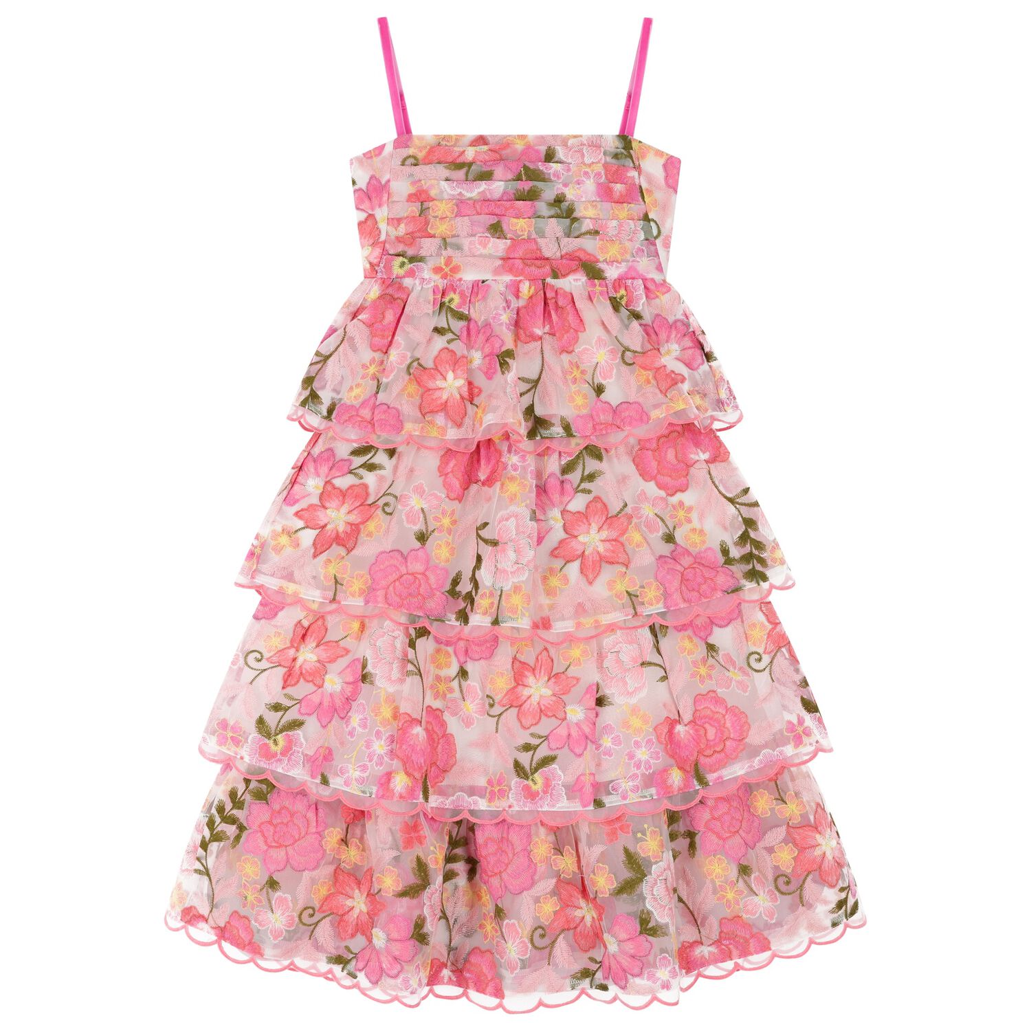 Girls Pink Floral Embroidered Organza Dress, 1, hi-res