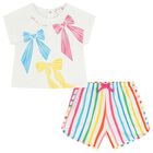 Girls White Bow Striped Shorts Set, 1, hi-res