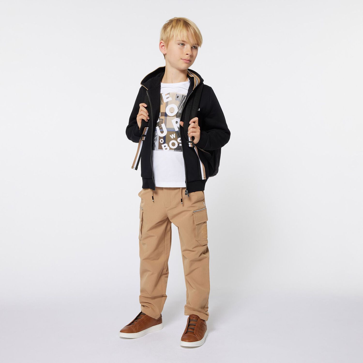 Boys Black Logo Hooded Zip Up Top, 1, hi-res image number null