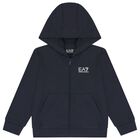 Boys Navy Blue Logo Hooded Zip Up Top, 2, hi-res
