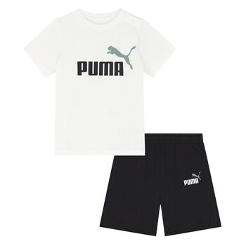 Younger Boys White & Black Logo Shorts Set