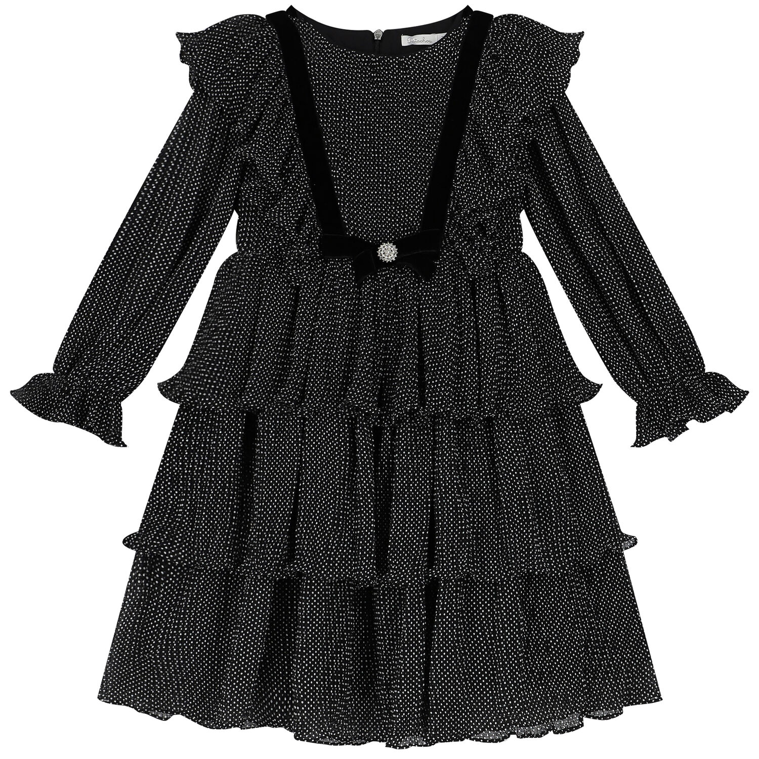 Girls Black & White Dot Chiffon Dress, 1, hi-res