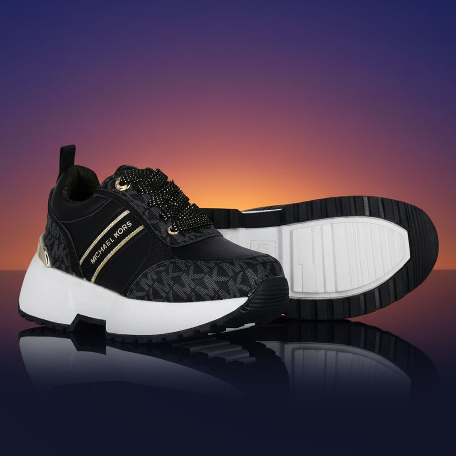 Girls Black & Gold Logo Trainers, 1, hi-res