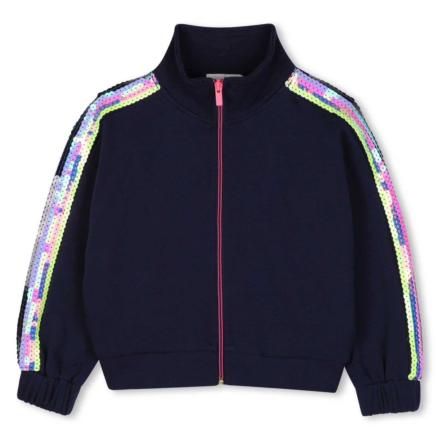 Girls Navy Blue Sequin Zip Up Top, 1, hi-res