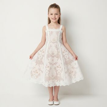 Girls White & Beige Lace Dress